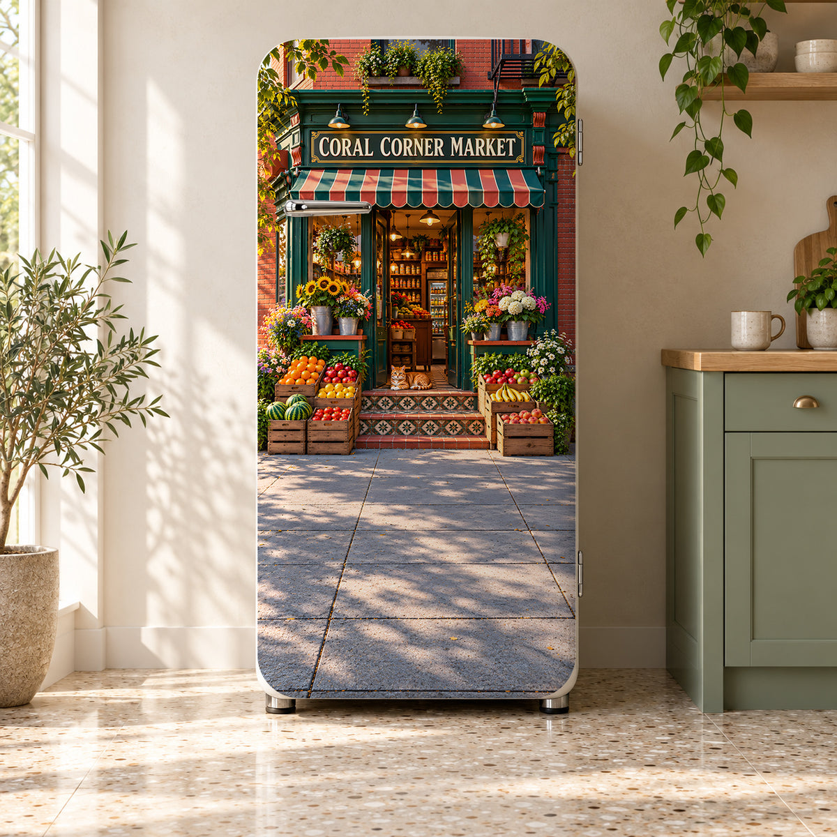 Corner Bodega Storefront fridge wrap on a retro refrigerator