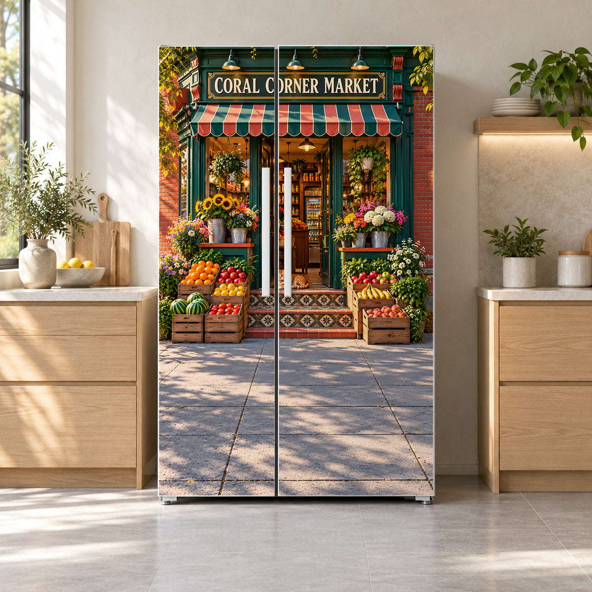 Corner Bodega Storefront fridge wrap on a side-by-side refrigerator