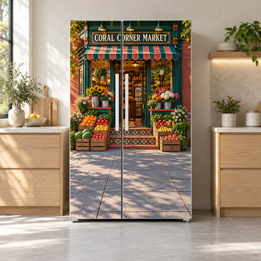 Corner Bodega Storefront fridge wrap on a side-by-side refrigerator