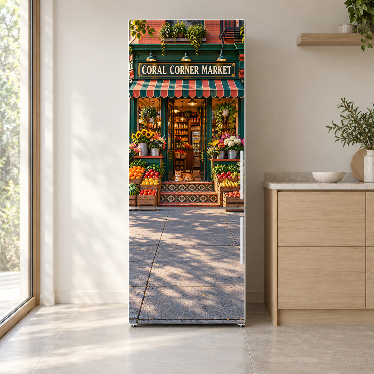 Corner Bodega Storefront fridge wrap on a white refrigerator in a bright kitchen