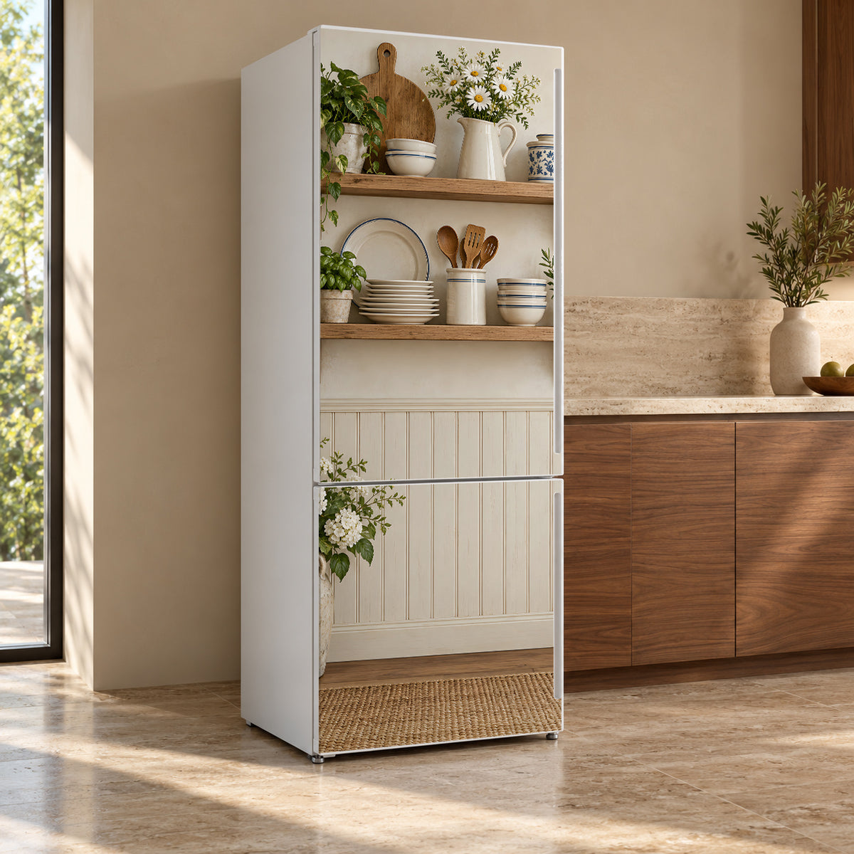 Country Kitchen Shelves fridge wrap, refrigerator shown at an angle