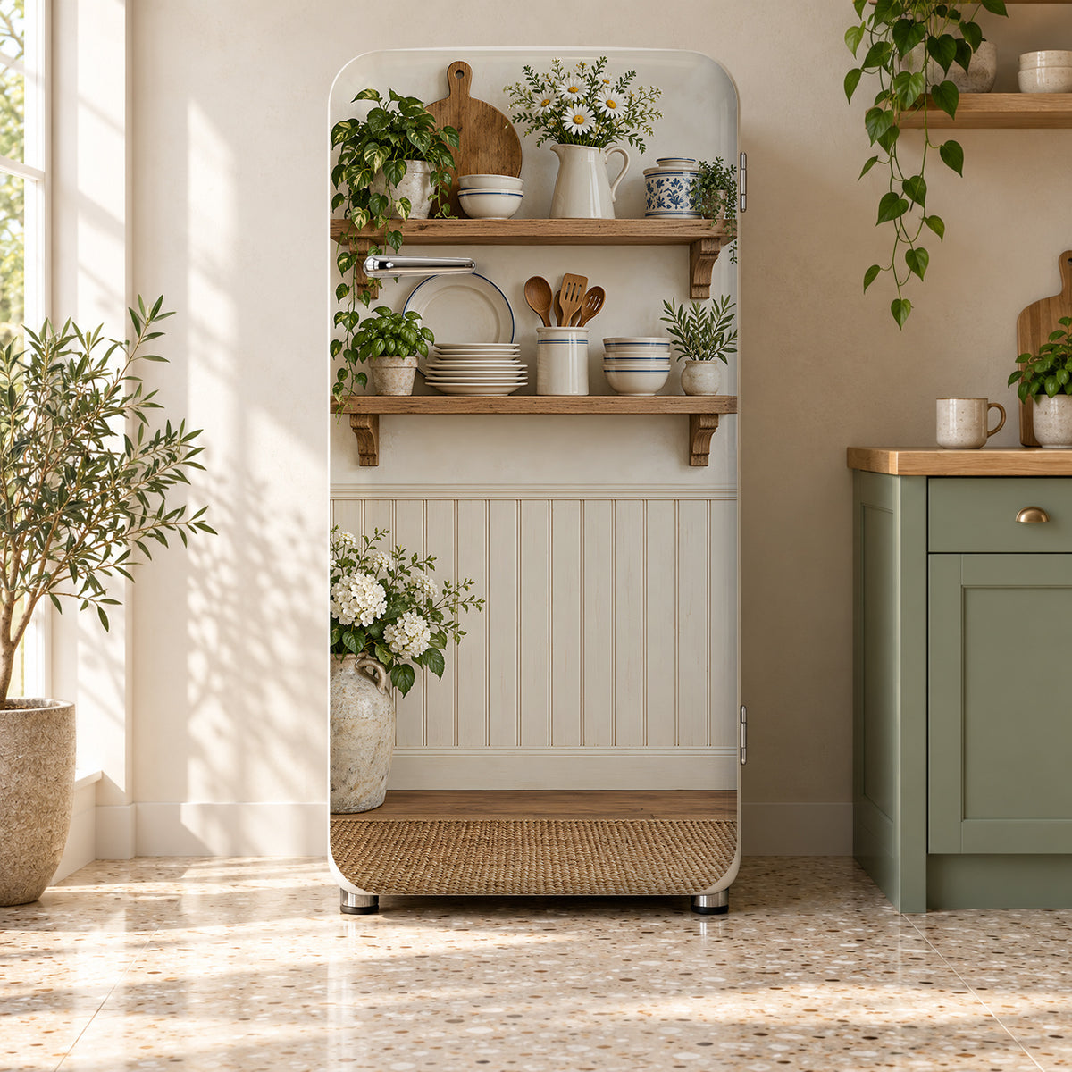 Country Kitchen Shelves fridge wrap on a retro refrigerator
