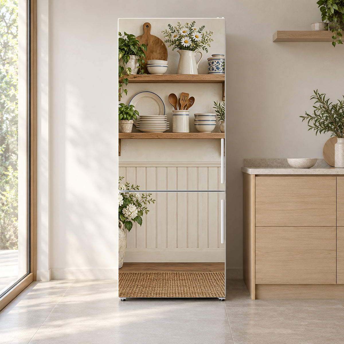 Country Kitchen Shelves fridge wrap on a white refrigerator in a bright kitchen