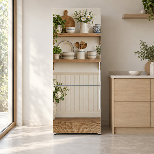Country Kitchen Shelves fridge wrap on a white refrigerator in a bright kitchen