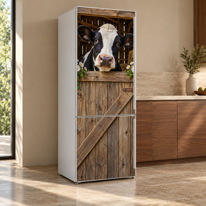 Cow in the Barn Window fridge wrap, refrigerator shown at an angle