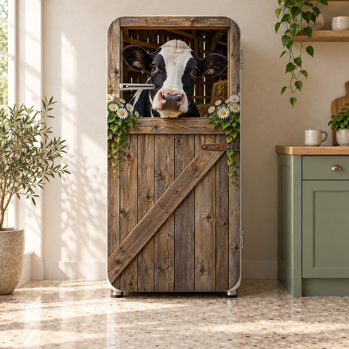 Cow in the Barn Window fridge wrap on a retro refrigerator