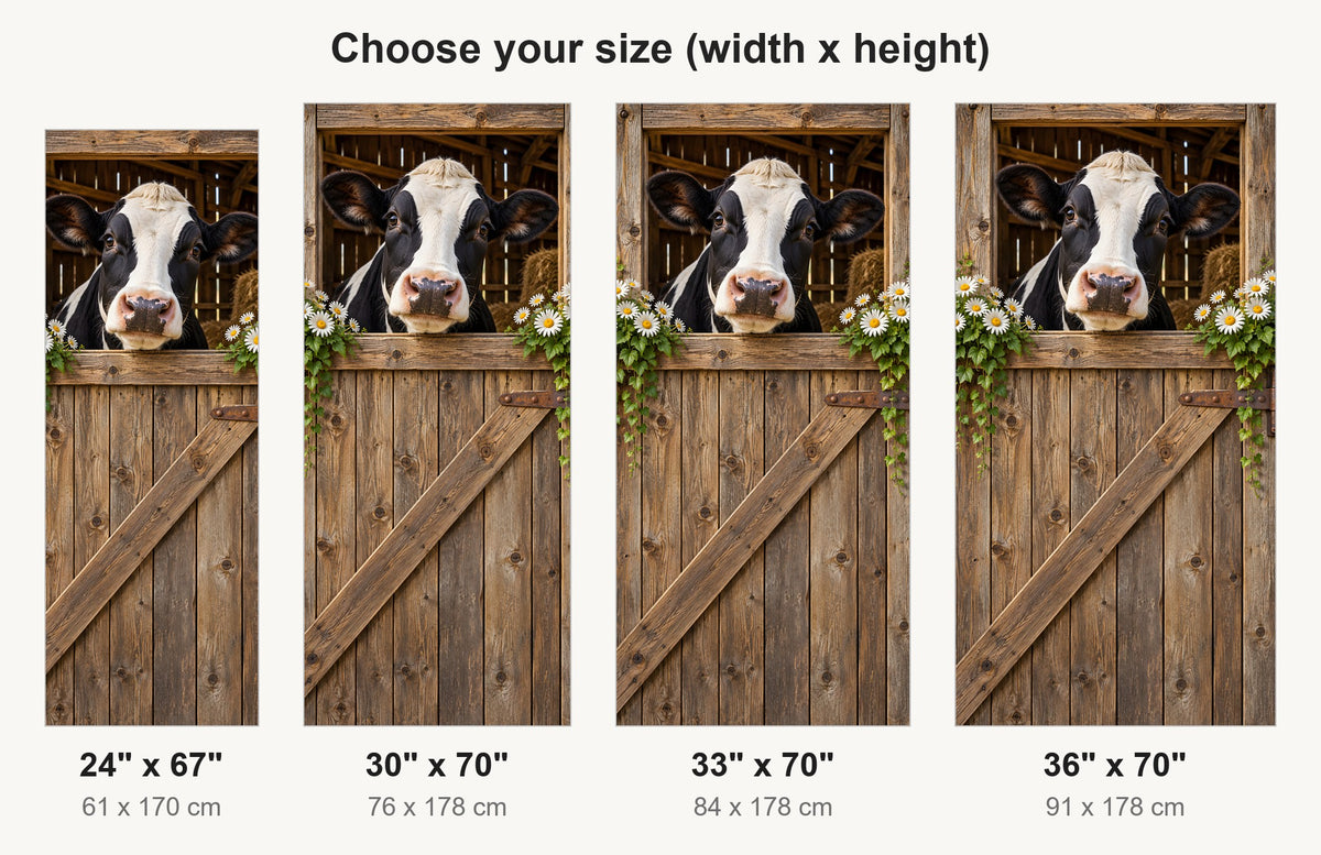 Cow in the Barn Window fridge wrap available sizes 24, 30, 33 and 36 inch