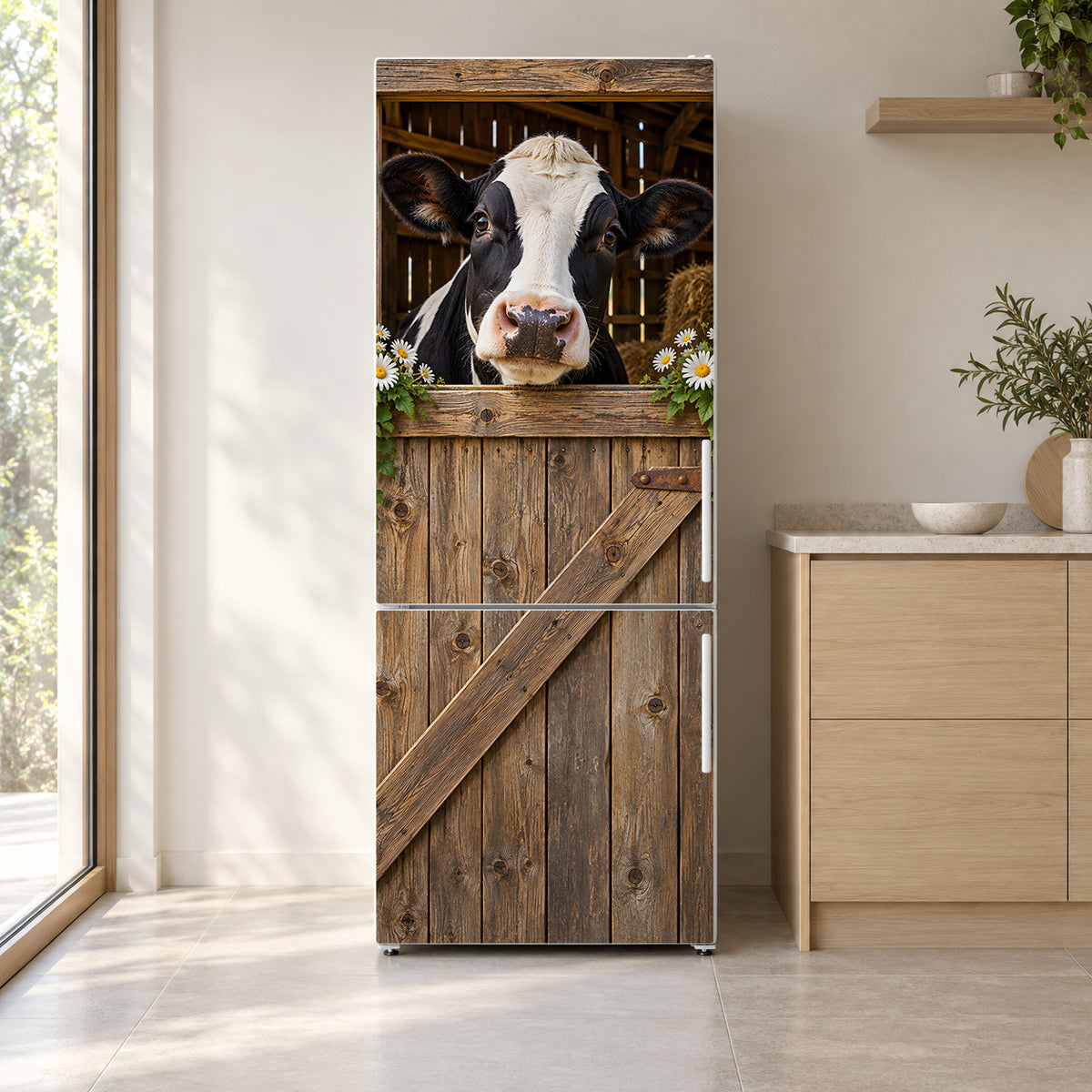 Cow in the Barn Window fridge wrap on a white refrigerator in a bright kitchen
