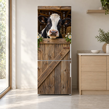 Cow in the Barn Window fridge wrap on a white refrigerator in a bright kitchen