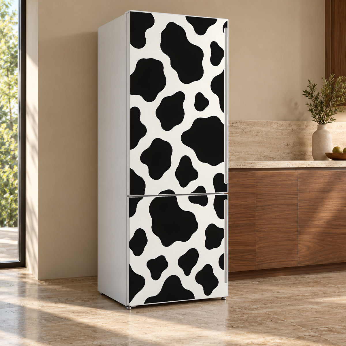 Cow Print fridge wrap, refrigerator shown at an angle