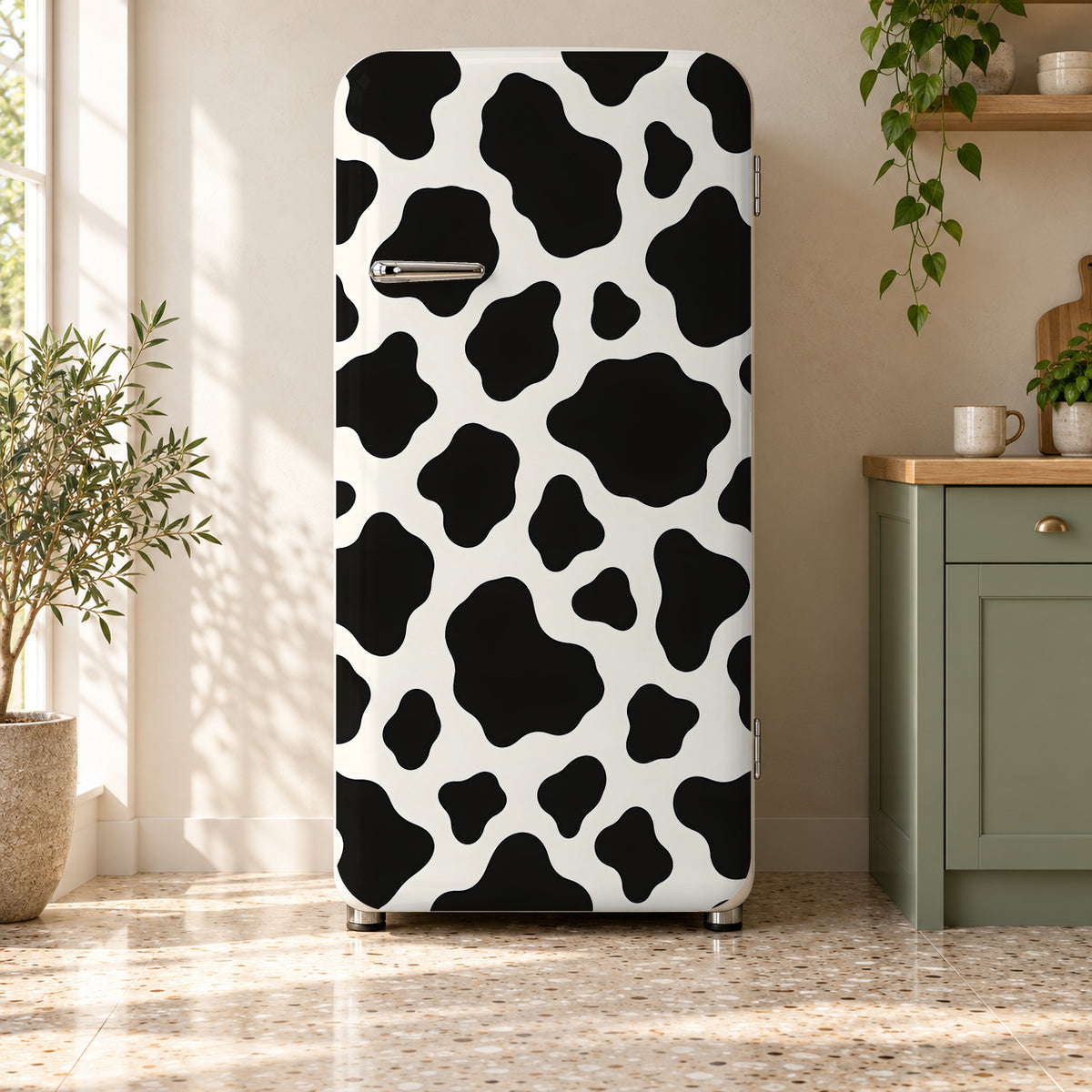 Cow Print fridge wrap on a retro refrigerator