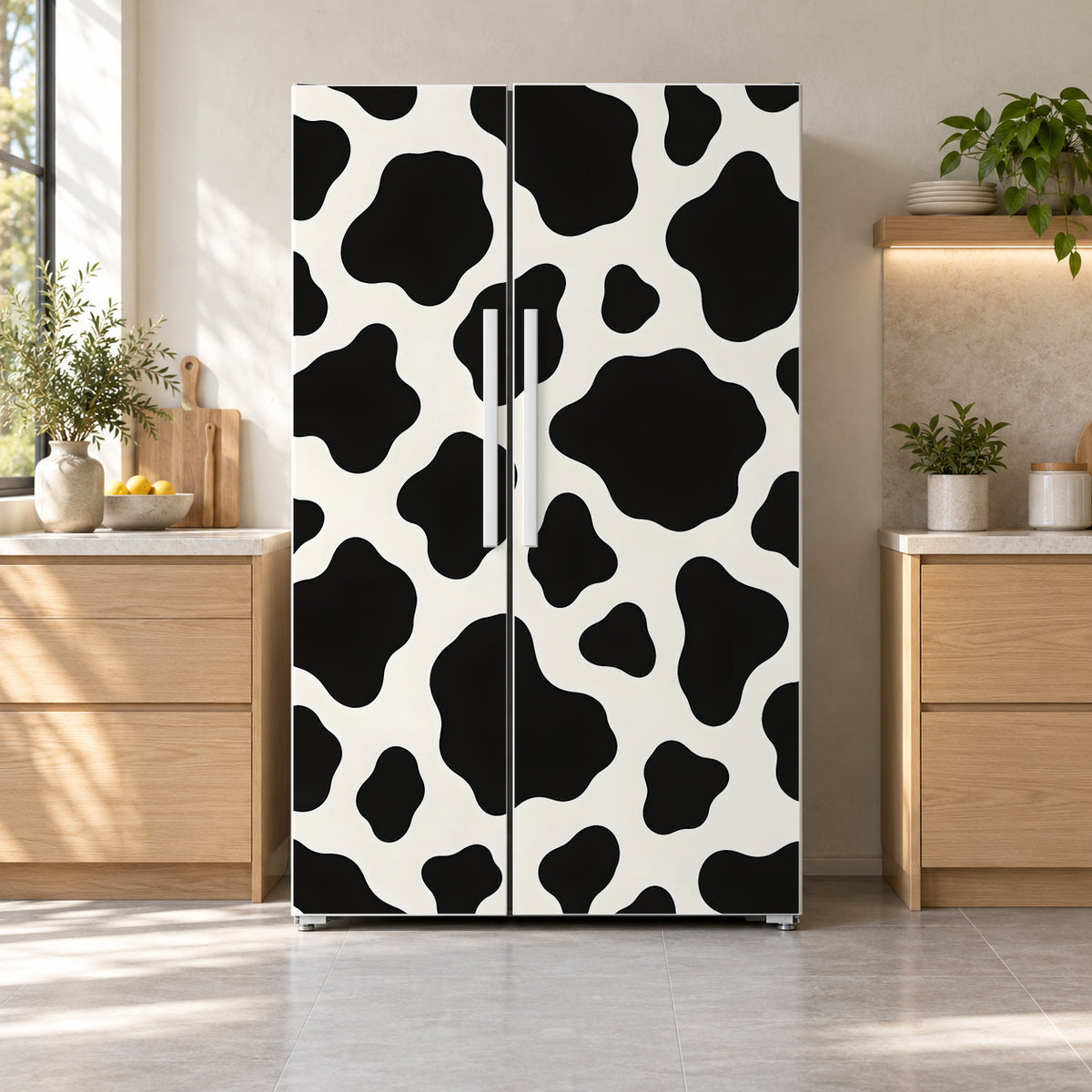 Cow Print fridge wrap on a side-by-side refrigerator