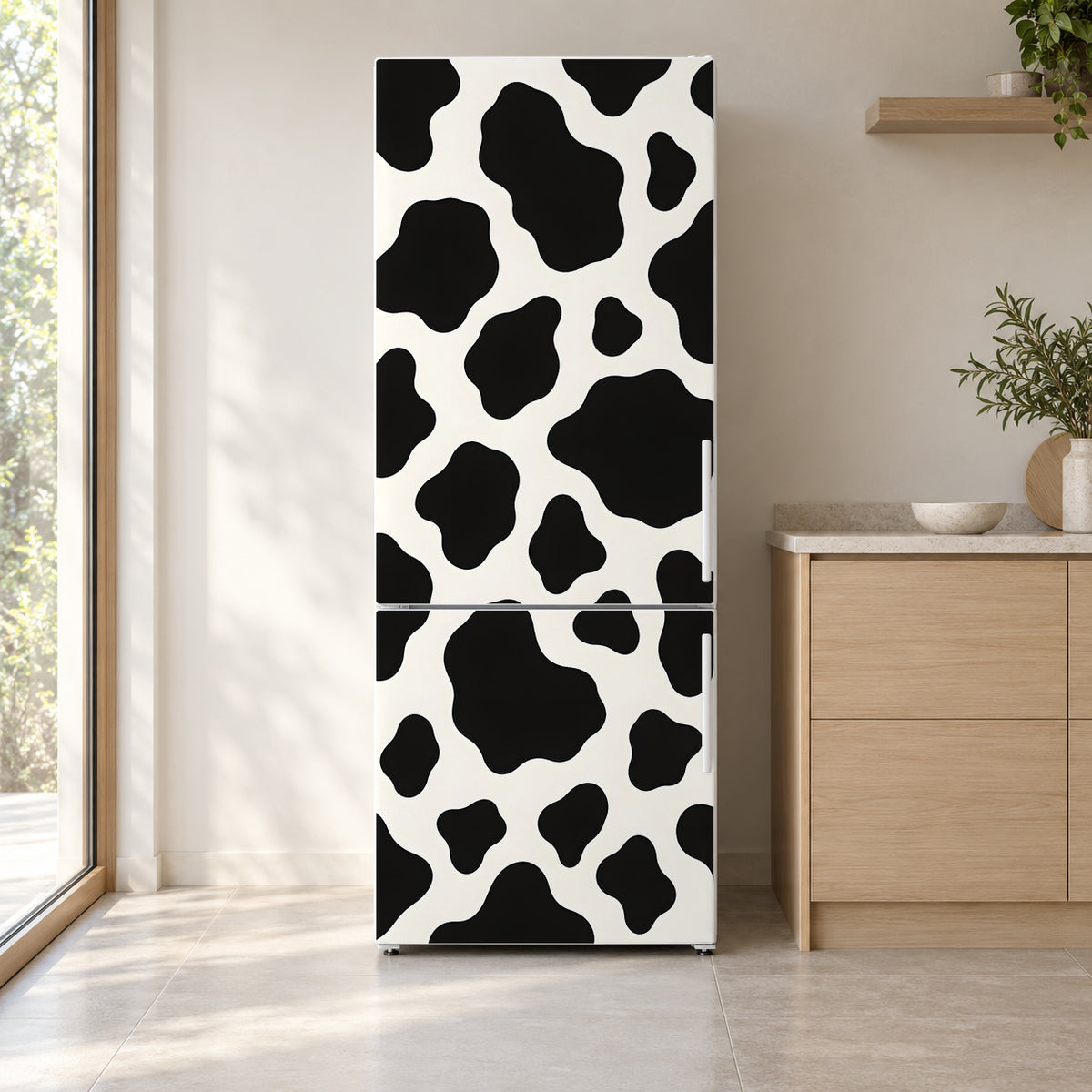 Cow Print fridge wrap on a white refrigerator in a bright kitchen