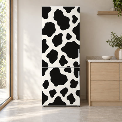 Cow Print fridge wrap on a white refrigerator in a bright kitchen