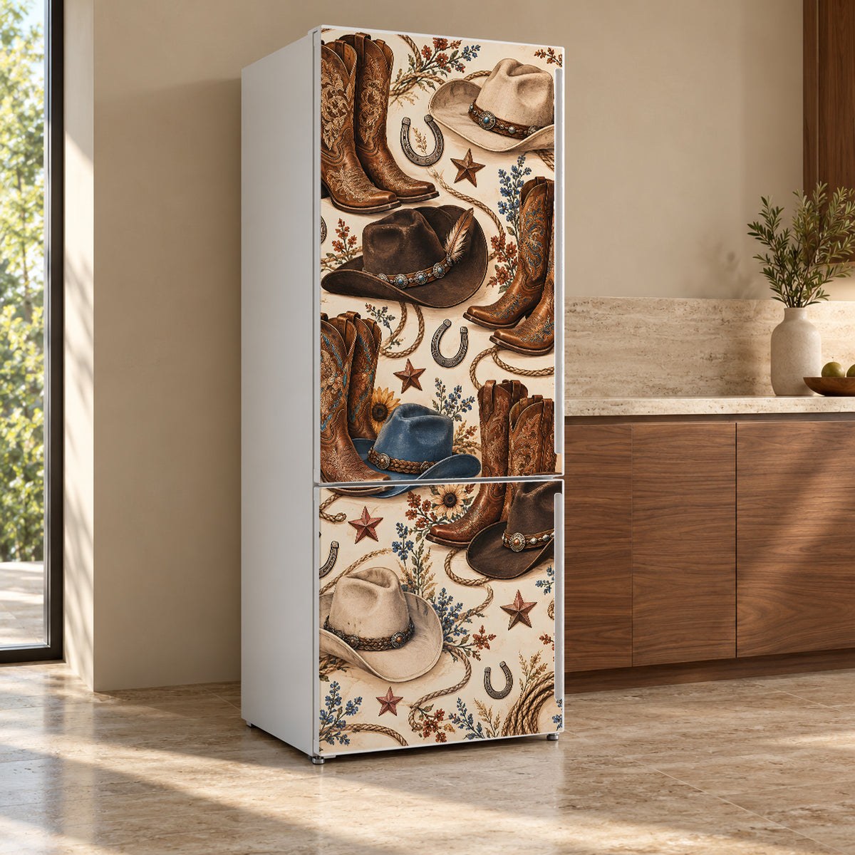 Cowboy Boots & Hats fridge wrap, refrigerator shown at an angle