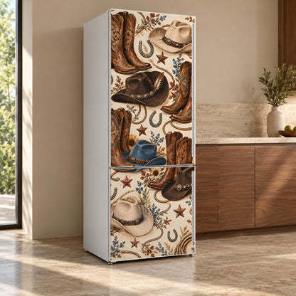 Cowboy Boots & Hats fridge wrap, refrigerator shown at an angle