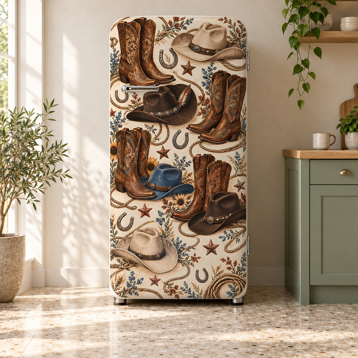 Cowboy Boots & Hats fridge wrap on a retro refrigerator