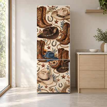 Cowboy Boots & Hats fridge wrap on a white refrigerator in a bright kitchen