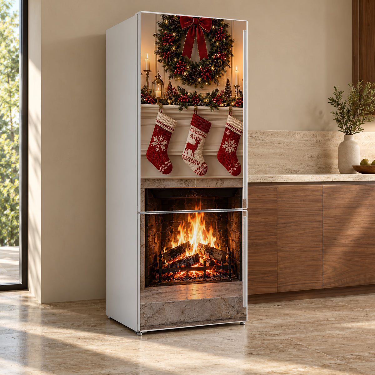 Cozy Christmas Fireplace fridge wrap, refrigerator shown at an angle