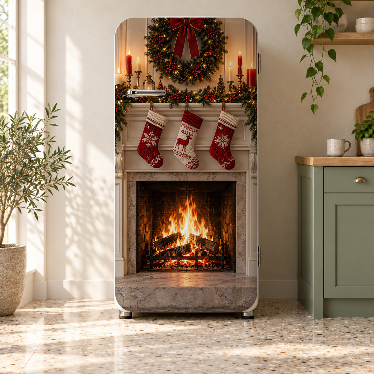 Cozy Christmas Fireplace fridge wrap on a retro refrigerator