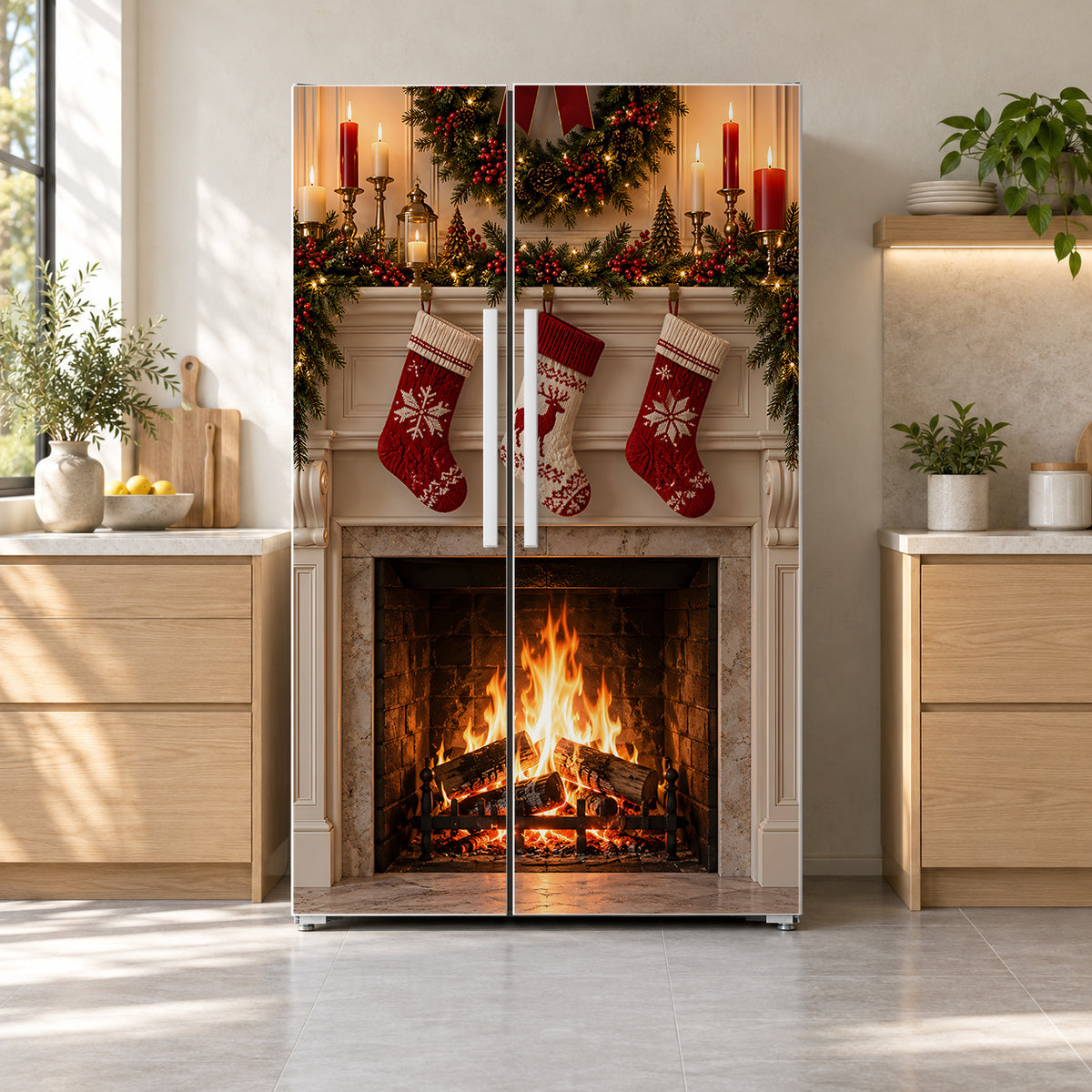 Cozy Christmas Fireplace fridge wrap on a side-by-side refrigerator