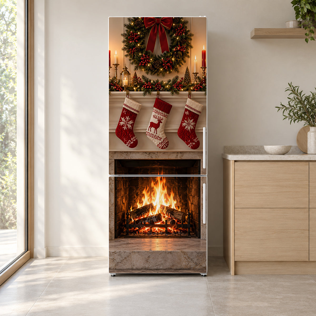 Cozy Christmas Fireplace fridge wrap on a white refrigerator in a bright kitchen