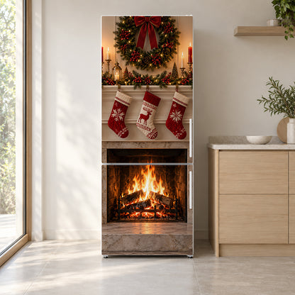 Cozy Christmas Fireplace fridge wrap on a white refrigerator in a bright kitchen