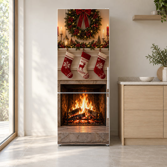 Cozy Christmas Fireplace fridge wrap on a white refrigerator in a bright kitchen
