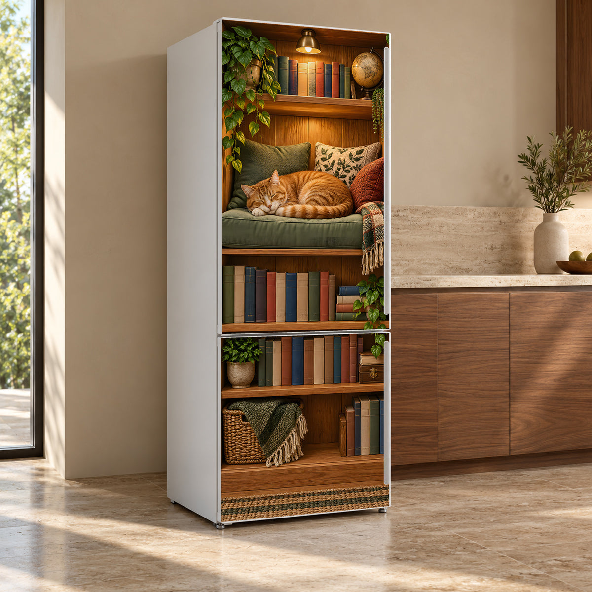Cozy Library Nook with Cat fridge wrap, refrigerator shown at an angle