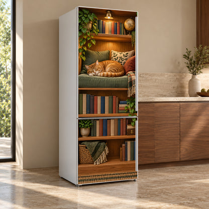 Cozy Library Nook with Cat fridge wrap, refrigerator shown at an angle