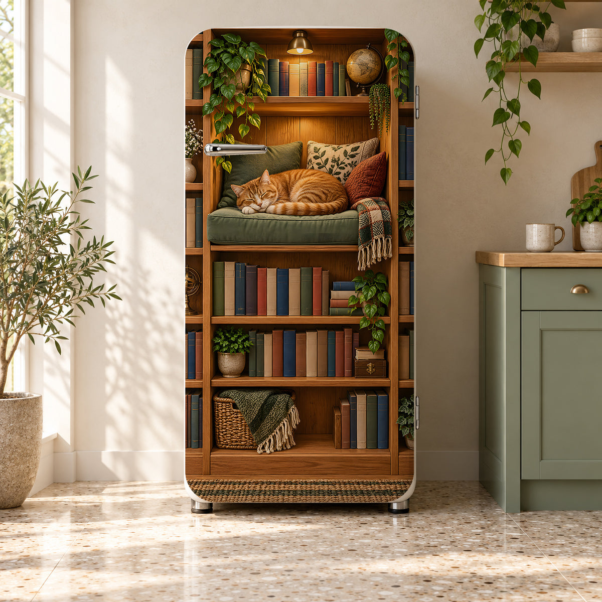 Cozy Library Nook with Cat fridge wrap on a retro refrigerator