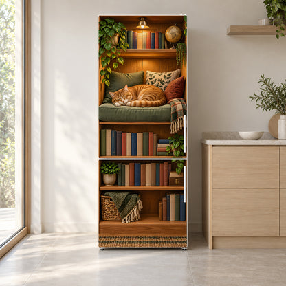 Cozy Library Nook with Cat fridge wrap on a white refrigerator in a bright kitchen