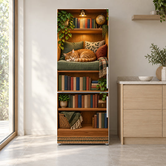 Cozy Library Nook with Cat fridge wrap on a white refrigerator in a bright kitchen