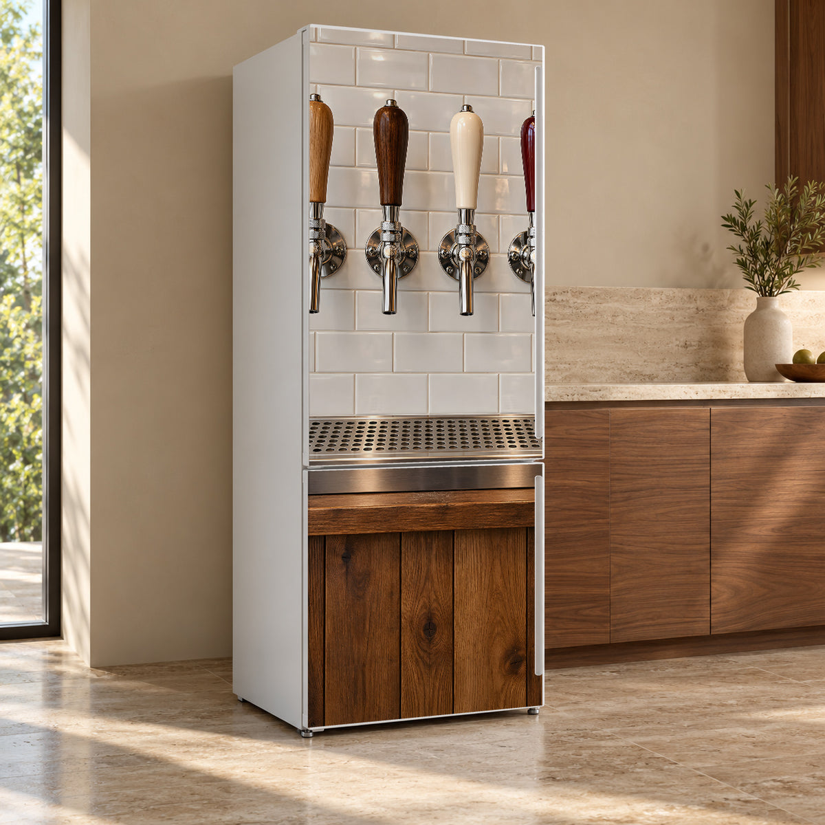 Craft Beer Tap Wall fridge wrap, refrigerator shown at an angle