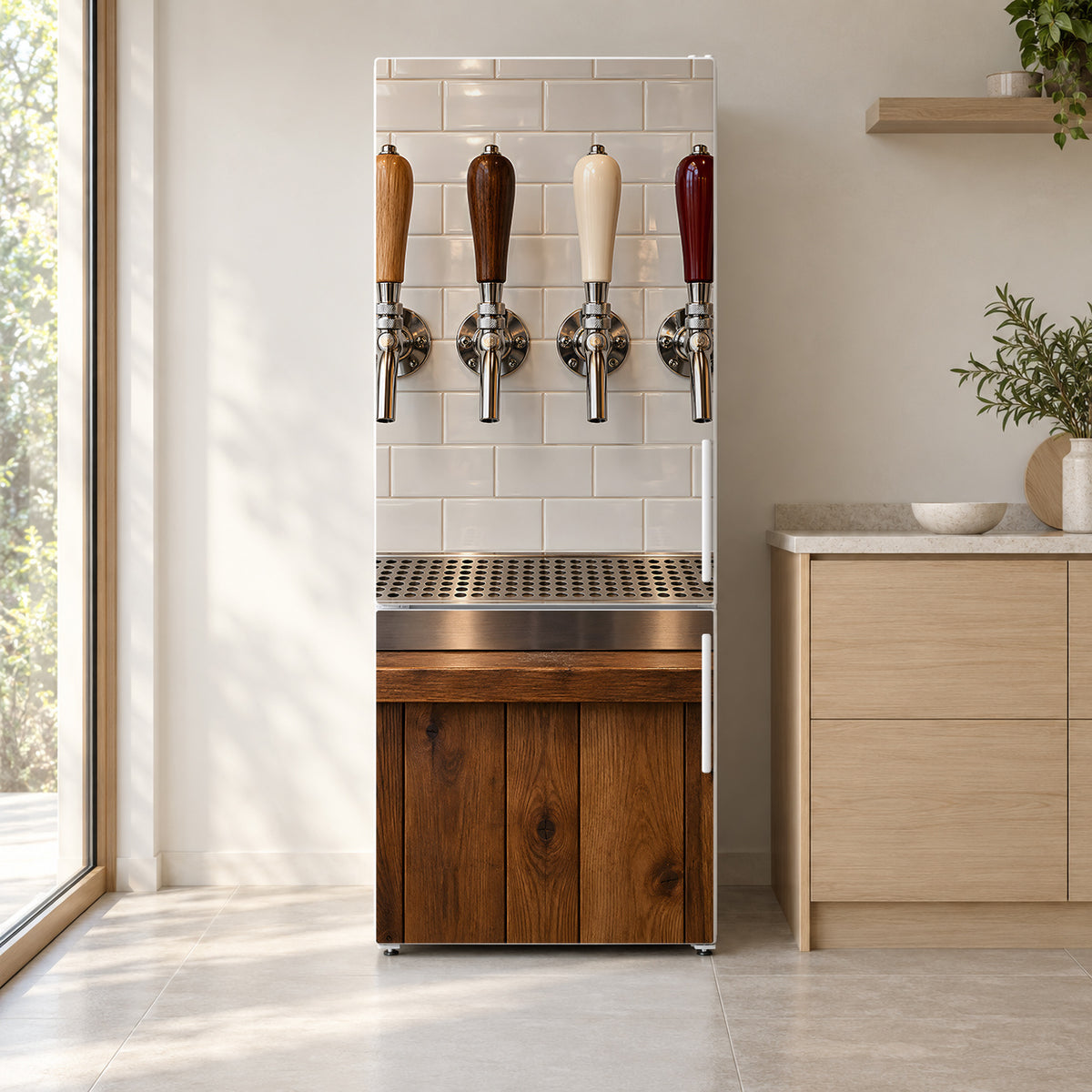 Craft Beer Tap Wall fridge wrap on a white refrigerator in a bright kitchen