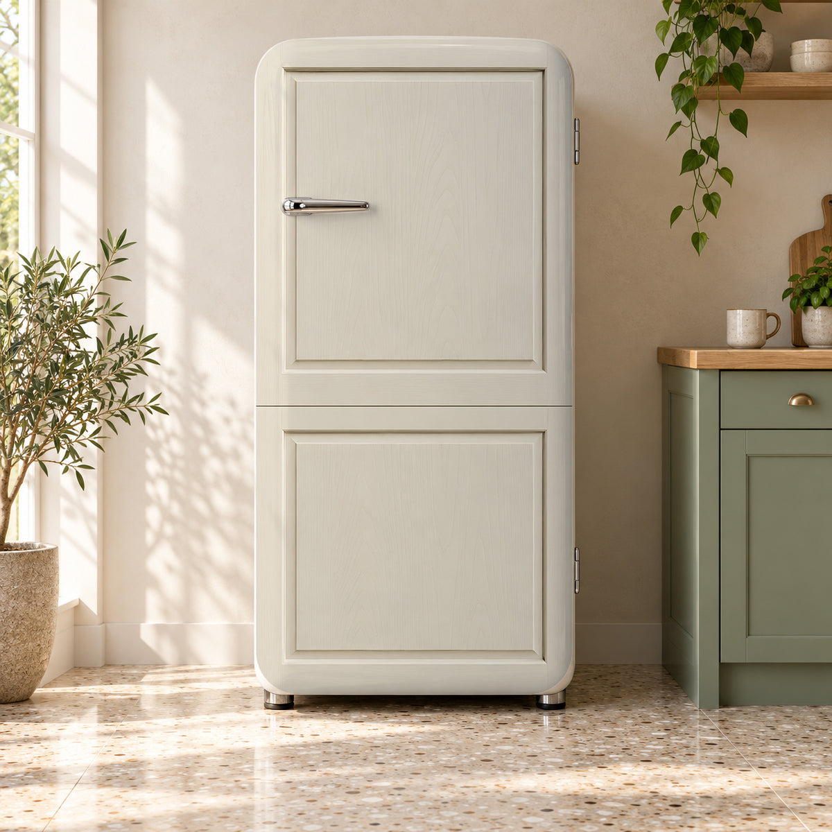 Cream Shaker Cabinet Look fridge wrap on a retro refrigerator