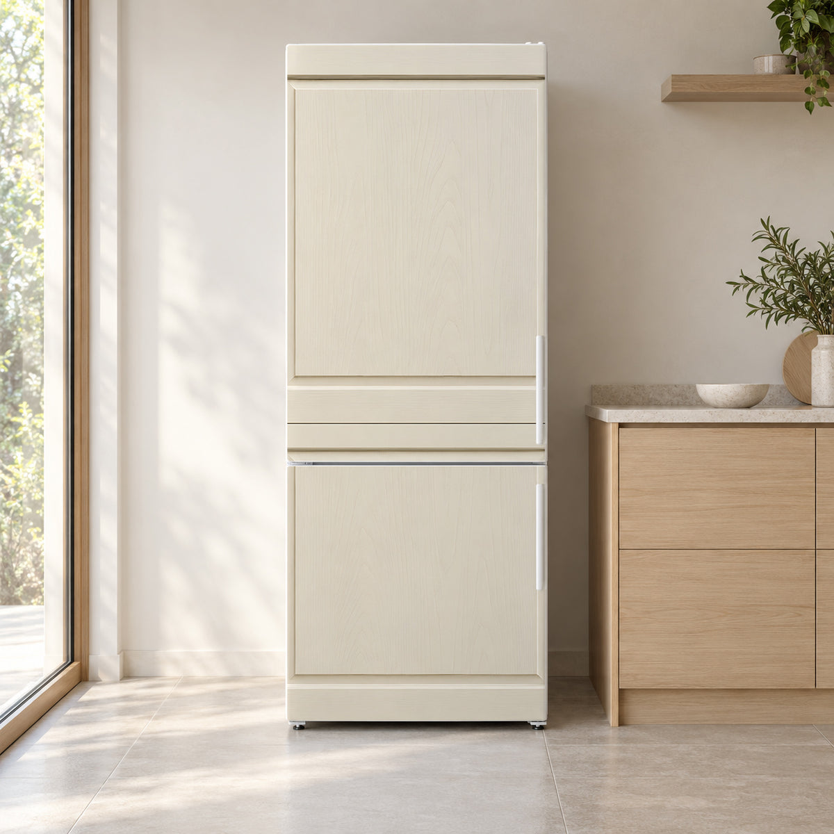 Cream Shaker Cabinet Look fridge wrap on a white refrigerator in a bright kitchen