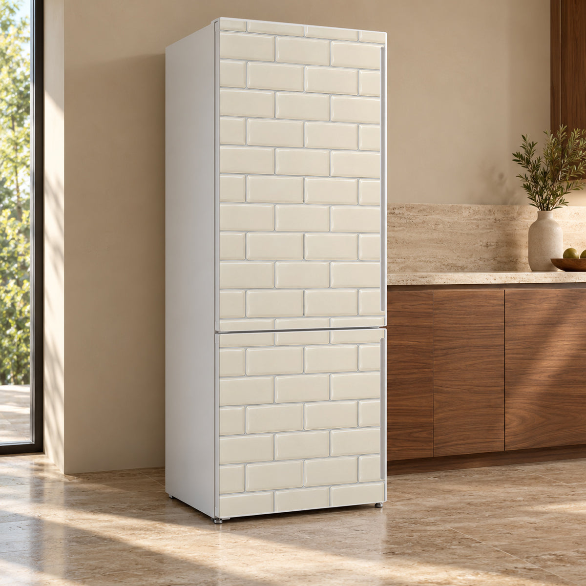 Cream Subway Tile fridge wrap, refrigerator shown at an angle