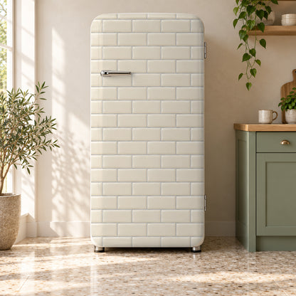 Cream Subway Tile fridge wrap on a retro refrigerator