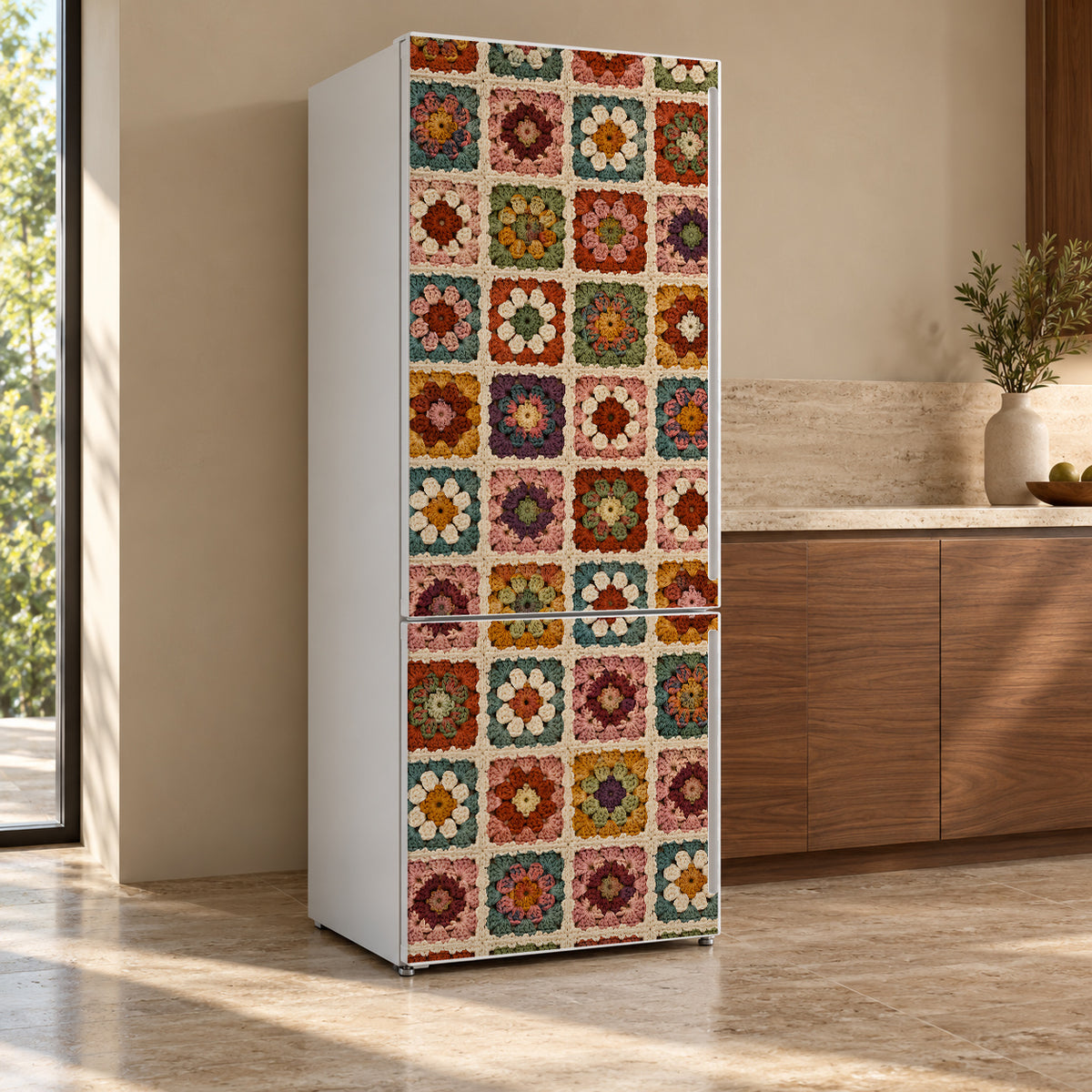 Crochet Granny Squares fridge wrap, refrigerator shown at an angle