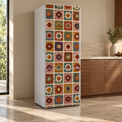Crochet Granny Squares fridge wrap, refrigerator shown at an angle
