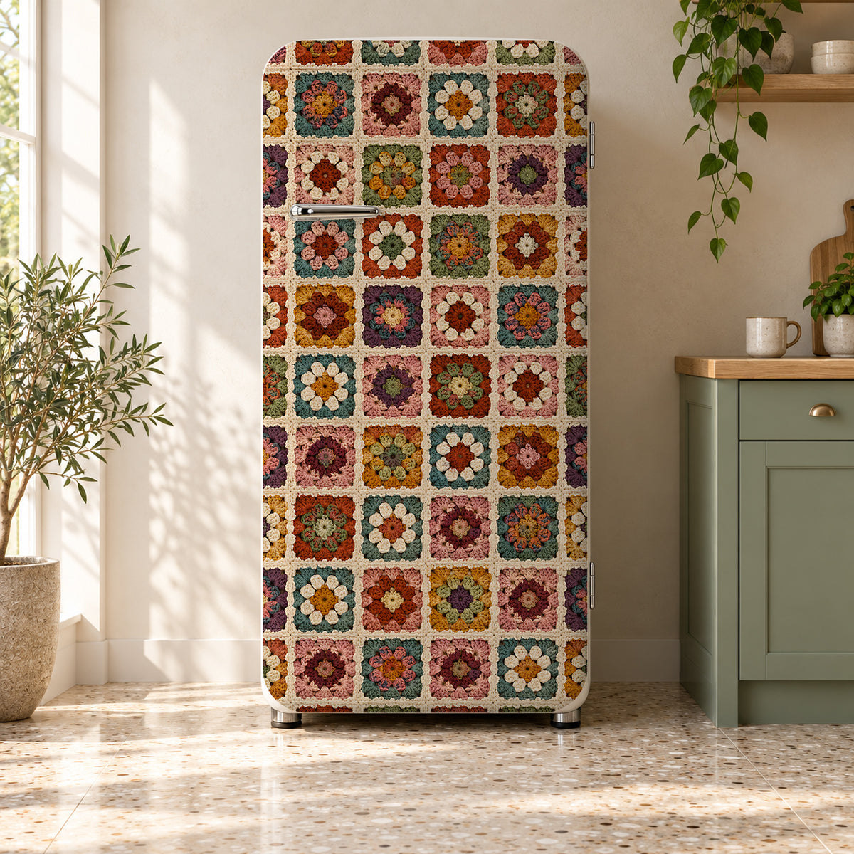 Crochet Granny Squares fridge wrap on a retro refrigerator