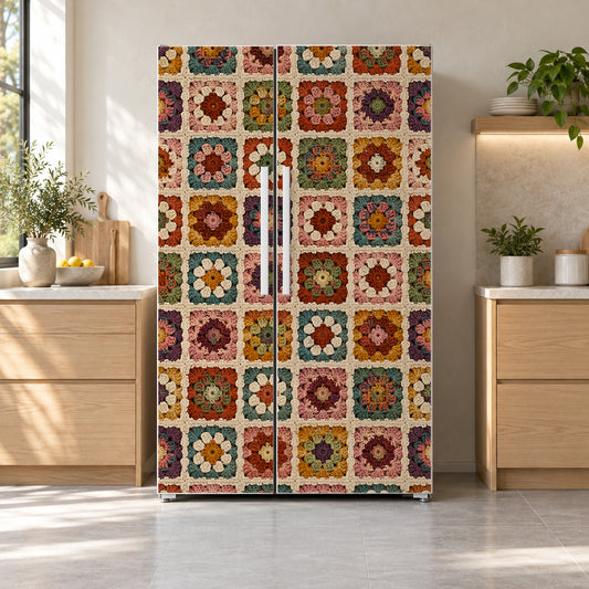 Crochet Granny Squares fridge wrap on a side-by-side refrigerator