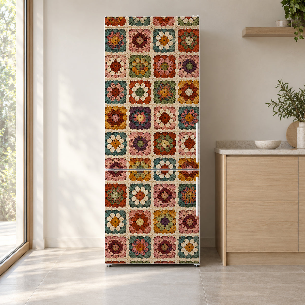 Crochet Granny Squares fridge wrap on a white refrigerator in a bright kitchen