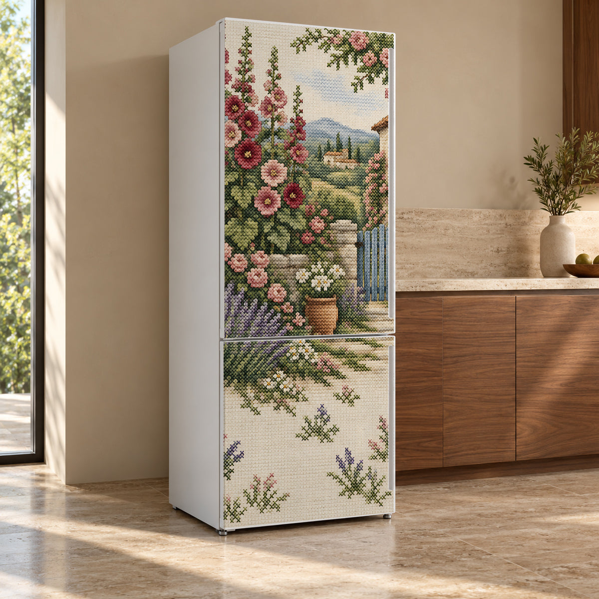 Cross-Stitch Cottage Garden fridge wrap, refrigerator shown at an angle