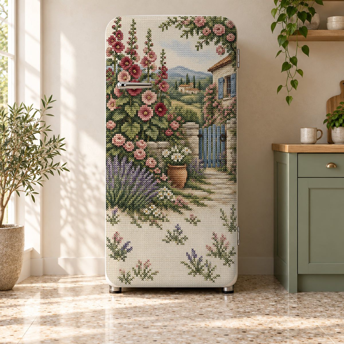 Cross-Stitch Cottage Garden fridge wrap on a retro refrigerator