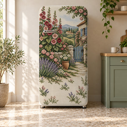 Cross-Stitch Cottage Garden fridge wrap on a retro refrigerator