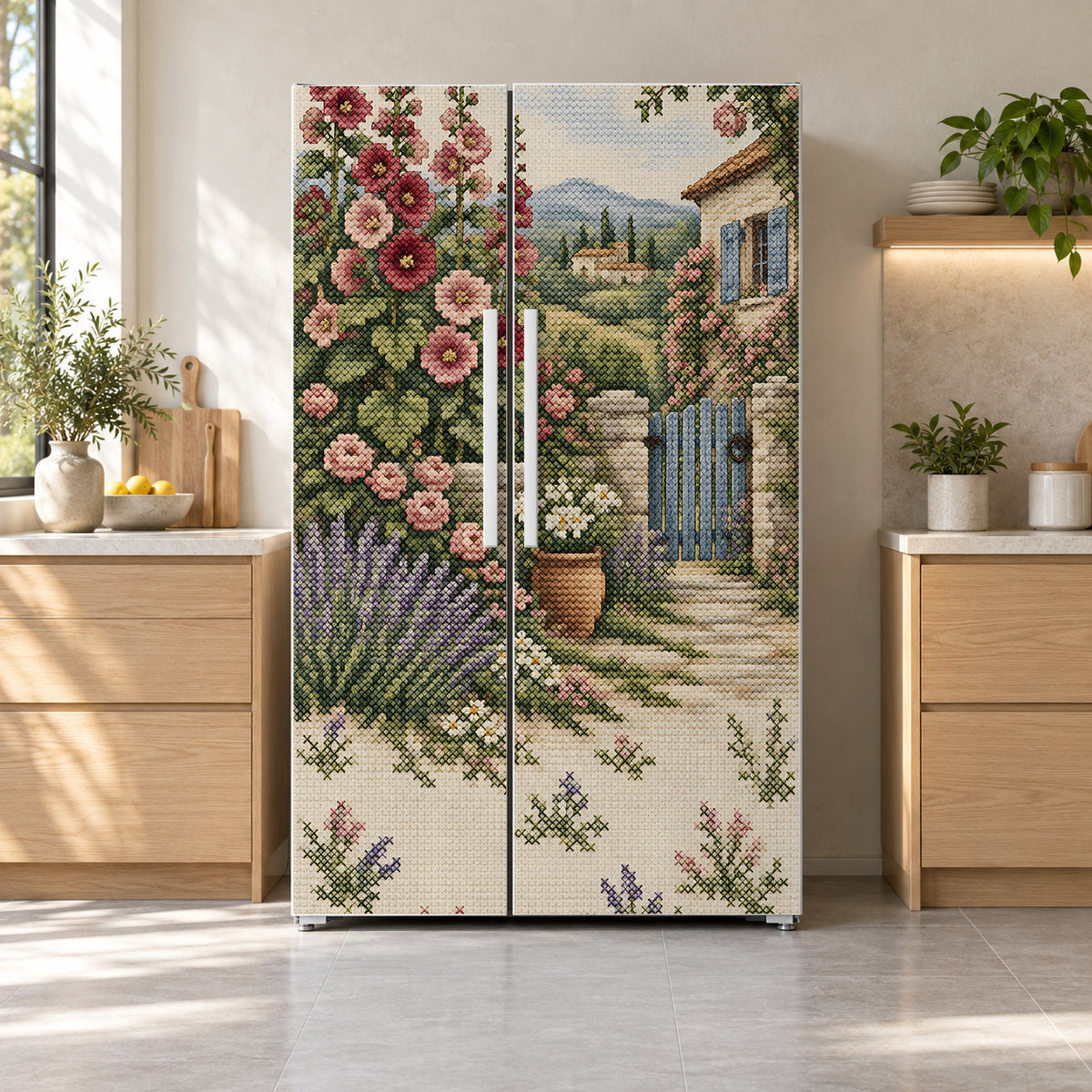 Cross-Stitch Cottage Garden fridge wrap on a side-by-side refrigerator