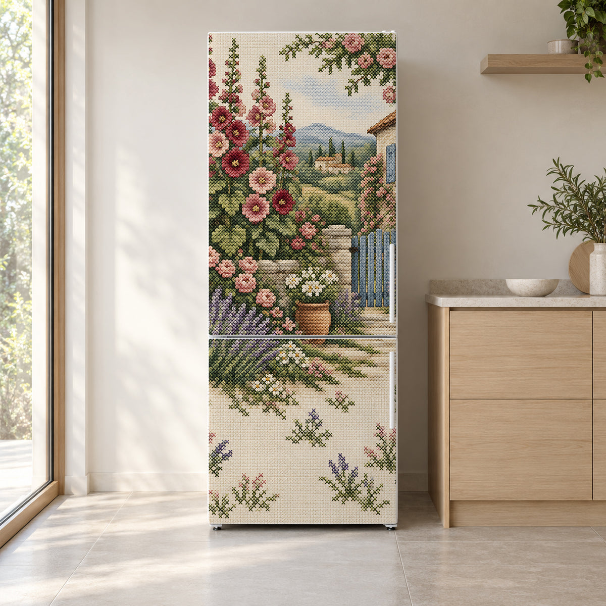 Cross-Stitch Cottage Garden fridge wrap on a white refrigerator in a bright kitchen