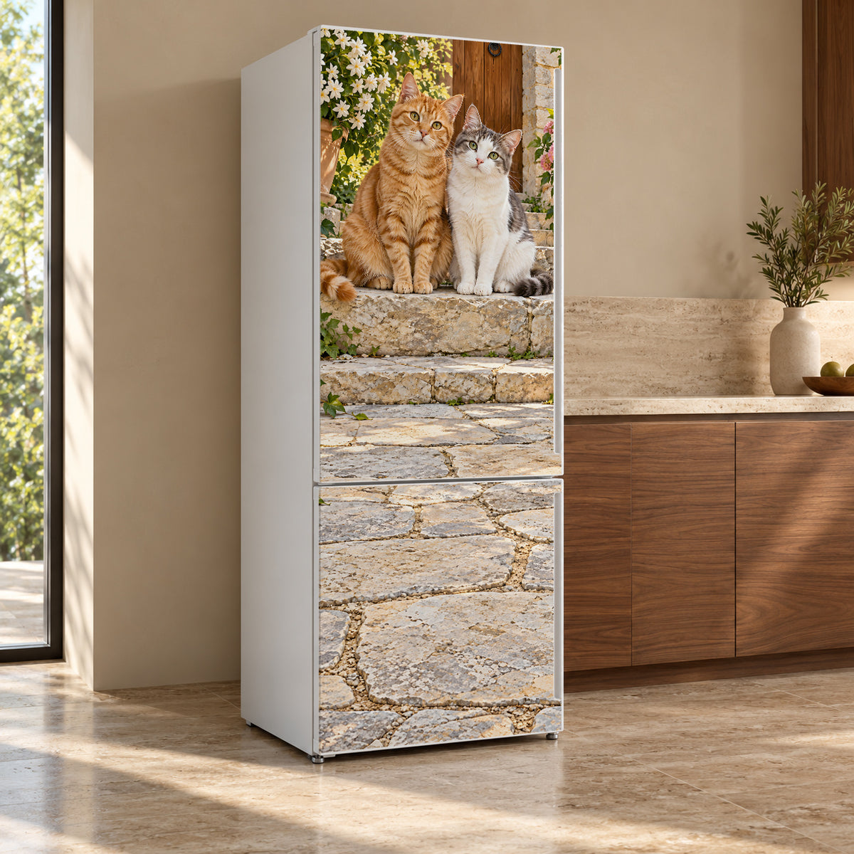 Cute Kittens fridge wrap, refrigerator shown at an angle